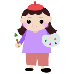 Obraz premium 絵具と筆を持つ絵描きの女性