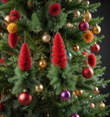 Colorful bottle brush Christmas tree decorations with greenery and ornaments, artificial tree, merry christmas, bottle brush christmas tree