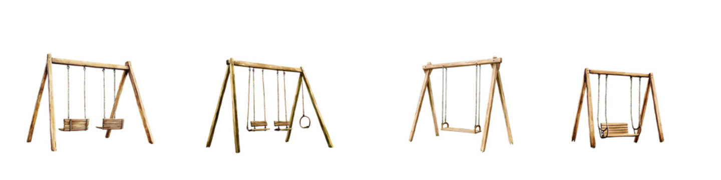Wooden swing set surrounded by lush greenery in a serene park setting providing a fun and adventurous outdoor play experience for children  The swing equipment offers recreation leisure