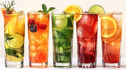 Cocktail Party: Vibrant glasses of mojitos and martinis with garnishes