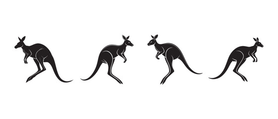 Silhouette of four kangaroos in different poses, black kangaroo illustrations on white background, wildlife animal art, Australian fauna, nature-themed design elements