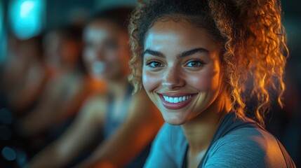 Obraz premium Women’s Spin Class at Gym, Radiant Smiles and Dynamic Energy