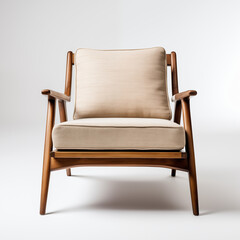 MidCentury Modern Armchair Beige Upholstery Wooden Legs Studio Shot