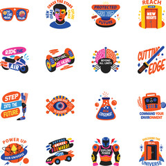 Set of Flat Style Sci Fi Stickers 