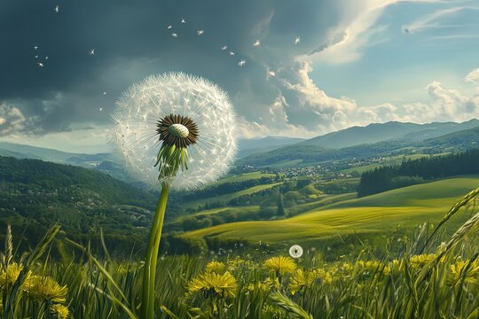 A close-up of a dandelion puff dispersing its seeds into the summer wind, with the picturesque countryside in the background.