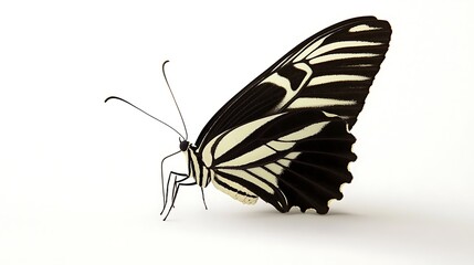 Side view of a black and white zebra longwing butterfly on a white background.