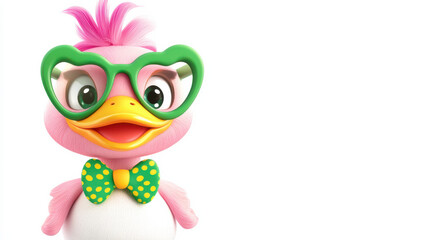 A cartoon duck with a cheerful expression, wearing a bright green bowtie with yellow polka dots and heart-shaped green glasses. The duck features a pastel pink head with a golden beak and soft white f