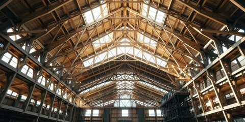 Sunlight streams through the intricate latticework of a vast industrial building, illuminating the weathered timber beams and revealing a sense of history and purpose.
