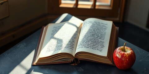 An open book with handwritten text lies on a table in the warm glow of the sun, with a red apple resting beside it, suggesting a moment of quiet contemplation and intellectual pursuit.