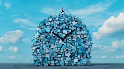 Surreal Mountain of Files Representing Time Management, Workload and deadlines balance concept.