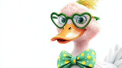 Fototapeta premium A cartoon duck with a cheerful expression, wearing a bright green bowtie with yellow polka dots and heart-shaped green glasses. The duck features a pastel pink head with a golden beak and soft white f