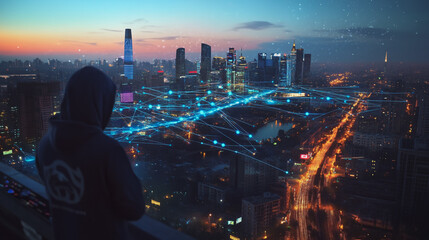 Hacker are planning to hack and attack networks and cyber security systems. Smart digital city with connection cyber security network reciprocity over the cityscape .