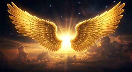 Golden angel wings illuminated by radiant light against heavenly backdrop