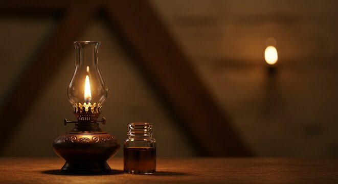 An old Glowing oil lamp with small jar