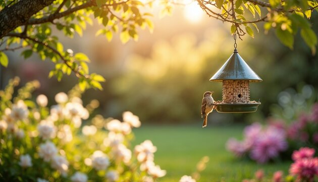 Bird feeder in a sunny garden with flowers