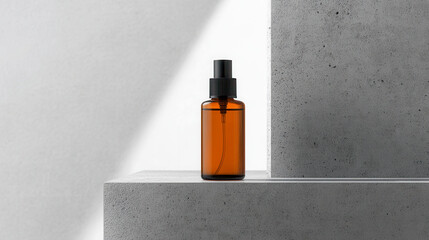 Mockup of a brown perfume bottle on a concrete pedestal