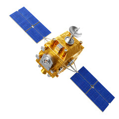 3D Render of a Golden Satellite in Space, Orbiting Earth