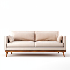 Fototapeta premium Beige Sofa MidCentury Modern Style Wooden Legs Cushions Isolated