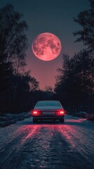 Car at Night with Pink Full Moon, Dreamy Solitary Road