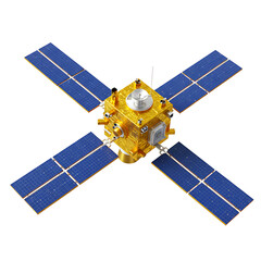 3D Render of a Golden Satellite in Space, Technology Illustration