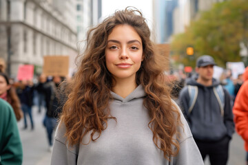 Fototapeta premium Young woman activist smiling during street protest in city