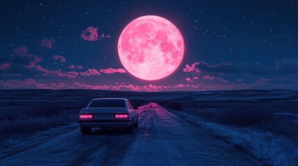 Car at Night with Pink Full Moon, Dreamy Solitary Road