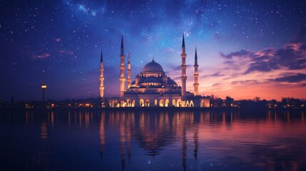 Fototapeta premium Majestic Mosque Reflecting in Tranquil Night Waters Under Starlit Sky