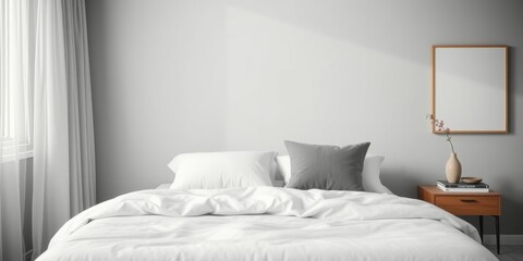 Minimalist Bedroom Interior with White Bed Linen and a Side Table with a Vase of Flowers