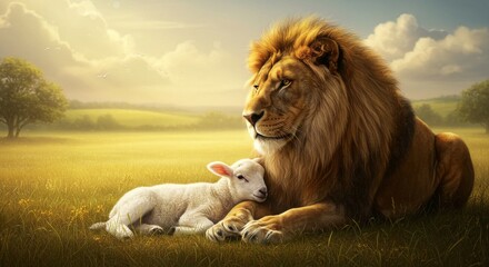 Naklejka premium Lion and lamb resting together symbolizing peace and unity in Gods kingdom