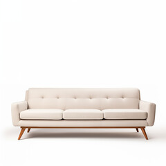 Beige MidCentury Modern Sofa Upholstered ThreeSeater Couch Isolated on White