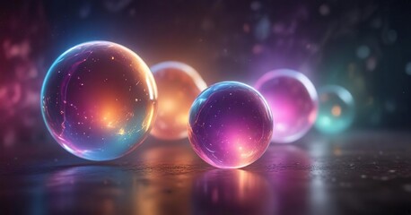 Ethereal luminescent orbs suspended in a colorful aura, radiant glow, colorful orbs, shimmering effect
