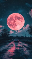 Car at Night with Pink Full Moon, Dreamy Solitary Road