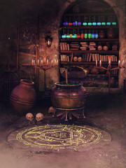 Fantasy room with a magic cirle, bookshelf with books of spells and magic potions, skull and a cauldron. 3D render. Made from 3d resources and painted elements. No AI used. 