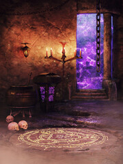 Fantasy room with a magic portal, circle on the ground, altar with a book, and large cauldron. 3D render. Made from 3d resources and painted elements. No AI used. 