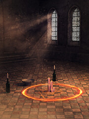 Fantasy ritual room with a magic circle on the ground, candles, bottles and windows. 3D render. Made from 3d resources and painted elements. No AI used. 