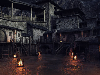 Towers and stairs in a fantasy medieval castle courtyard, with fire burners, at night. 3D render. Made from 3d resources and painted elements. No AI used. 