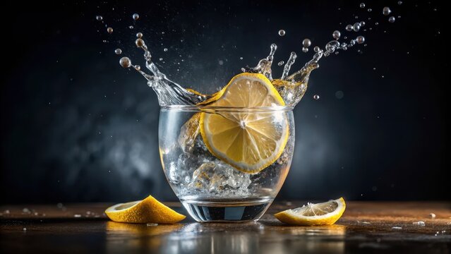A lemon slice sinks slowly into a glass of gin tonic, causing the liquid to slosh and spill over, with condensation forming on the rim of the glass , citrus, drinks