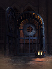 Door in a fantasy medieval temple with iron bars and a fire burner at night. 3D render. Made from 3d resources and painted elements. No AI used. 