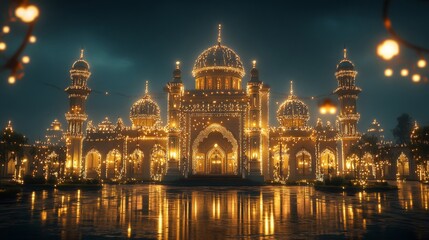 Obraz premium Illuminated Mosque at Night Festive Lights Adorn Structure