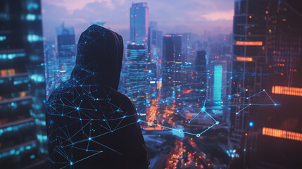 Fototapeta premium Hacker are planning to hack and attack networks and cyber security systems. Smart digital city with connection cyber security network reciprocity over the cityscape .