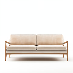 Beige Sofa MidCentury Modern Design Wooden Legs Cream Upholstery  Living Room Furniture
