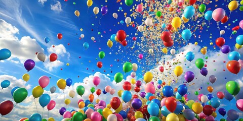 Vibrant colorful confetti falling on a holiday in mid-air against a bright blue sky with fluffy white clouds, festive, balloons