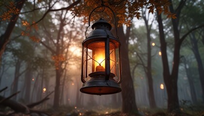 Flickering flames in a metal lantern hanging from a tree branch in a forest, tree, atmosphere