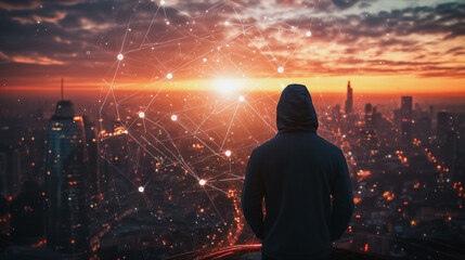 Fototapeta premium Hacker are planning to hack and attack networks and cyber security systems. Smart digital city with connection cyber security network reciprocity over the cityscape .