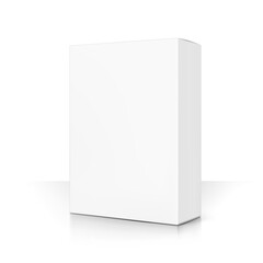 Realistic white closed paperboard box mockup. Half side view. Vector illustration isolated on white background. Taking your 2D designs into 3D. Can be use for medicine, food, cosmetic. EPS10.