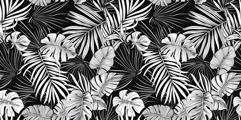 Seamless pattern with tropical white leaves, repeat floral background