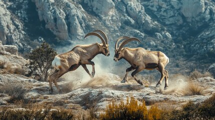 Obraz premium A dramatic shot of two male ibex locked in combat, the force of their fight creating a dynamic display against the breathtaking landscape of El Torcal, Antequera.