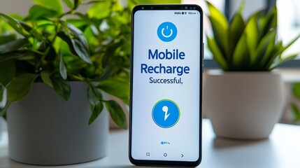mobile payment  recharge concept. Mobile phone displaying successful recharge notification among plants.