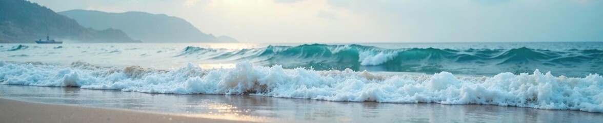 Fototapeta premium Gentle lapping of waves against a misty shore, shore, , waves