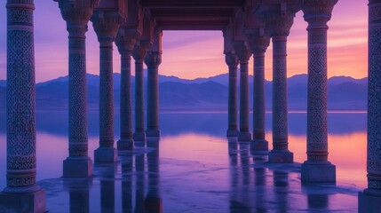 Ornate Columns Frame Serene Sunset Lake View